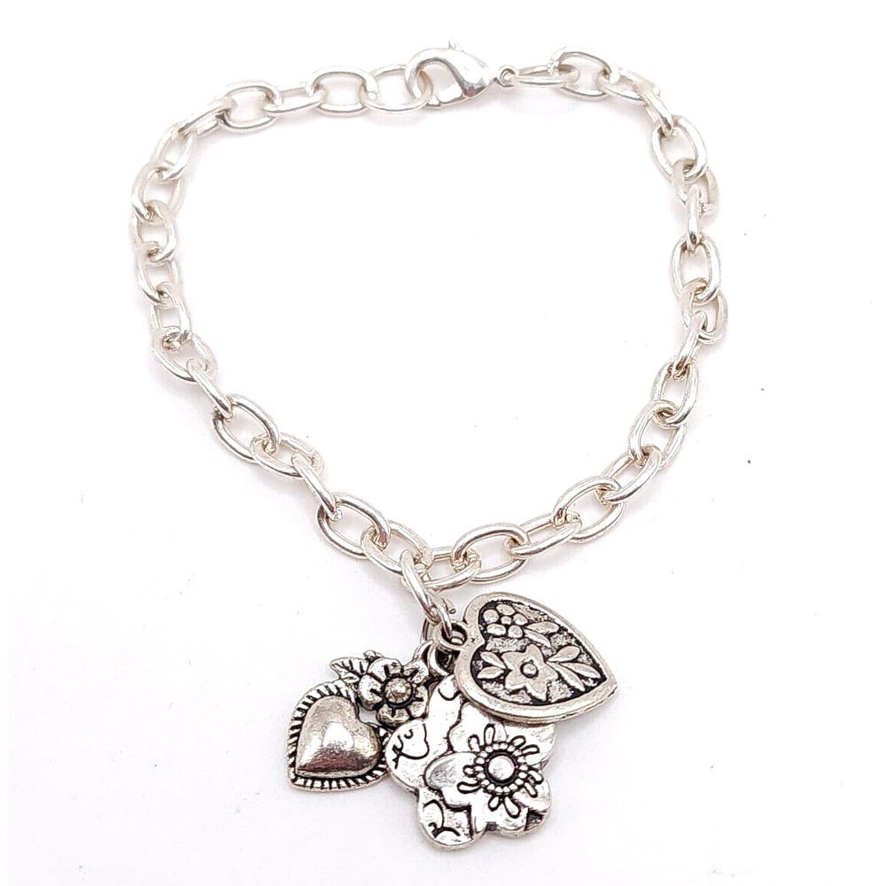 Heart Flower Charm Bracelet Silver Tone Floral Dangle Link Chain 7in 1018